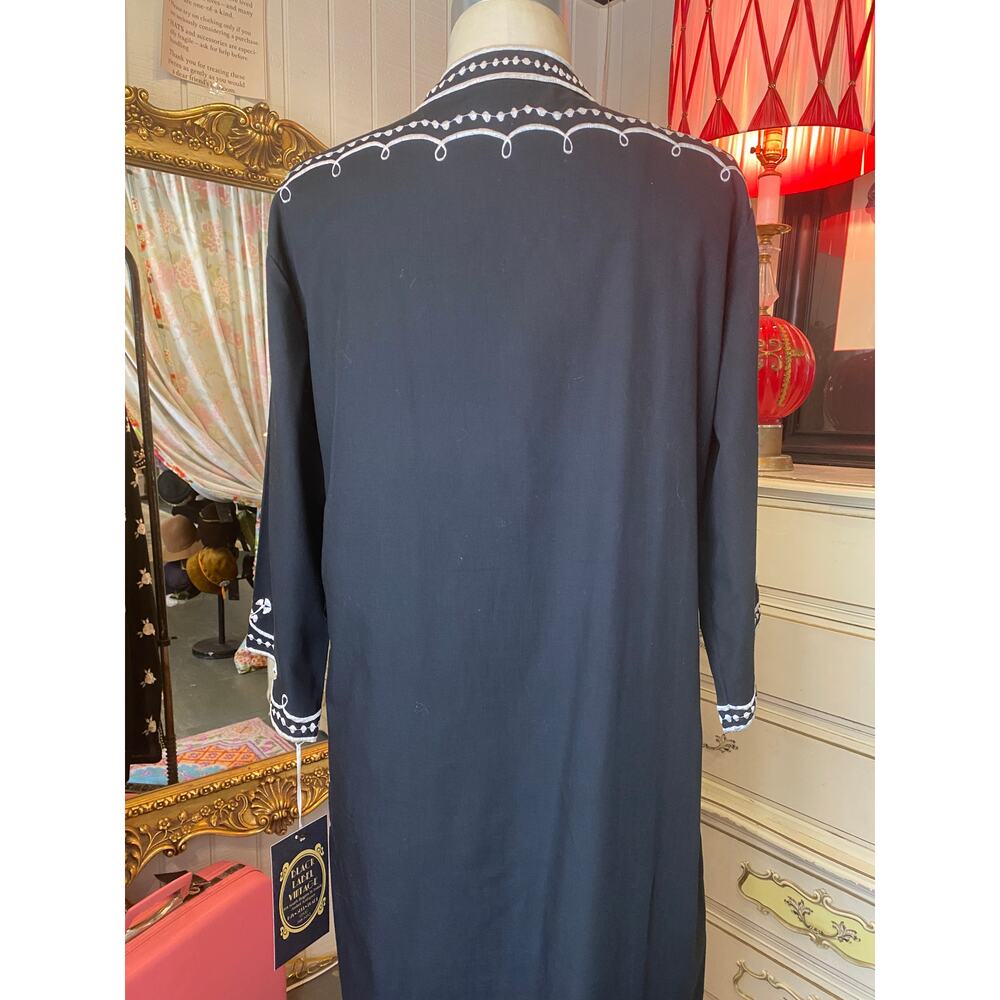 vintage 1960s black cotton embroidered kaftan 60s loungewear maxi dress med - Picture 7 of 10